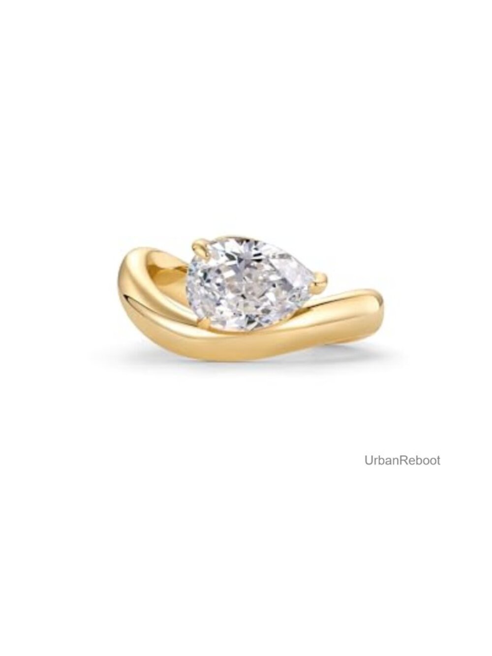 14K Gold Plated Wavy Engagement Ring with Pear Cubic Zirconia Solitaire